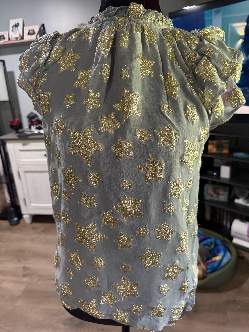 Women's Sheer Star Glitter Blouse - Gold Stars on Light Gray